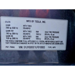 2020 TESLA MODEL Y 5YJYGDEE1LF010083 99284925