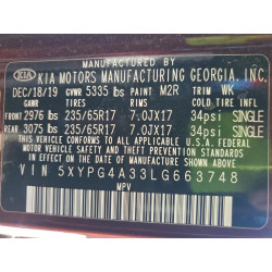 2020 KIA SORENTO 5XYPG4A33LG663748 94912985