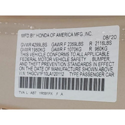 2020 HONDA ACCORD 1HGCV1F10LA120112 99548295